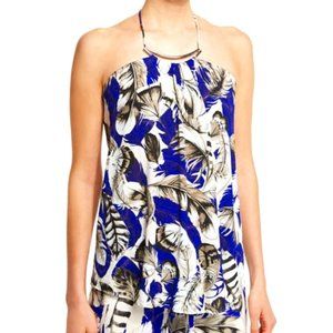 ROBERTO CAVALLI Blue Feather Print Jersey Metal  Neckline  Halter Top